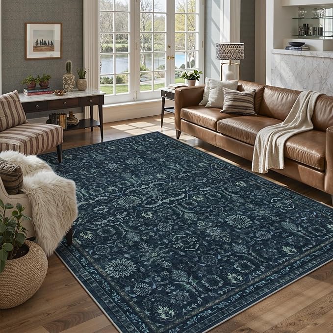 Lahome Navy Blue Boho Area Rugs 5x7,Washable Rugs for Bedroom,Dark Academia Vintage Carpet for Office,Rubber Backed Living Room Carpets for Dorm Dining Room Apartment