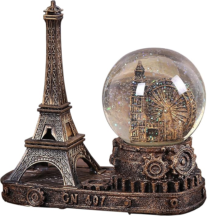 Eiffel Tower Snow Globe LED Music Crystal London Eye Ferris Wheel Home Decoration for Living Room Bedroom Book Shelf TV Cabinet Desktop Decor Statue Figurine Table Centerpieces Ornaments (B, Gold)
