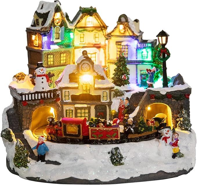 MUMTOP Christmas Village House Decoration, Colourful LED Lights Light Up Bell Tower and Buildings, Rotating Christmas Trees with Music for Indoor Holiday Xmas Tabletop Decor