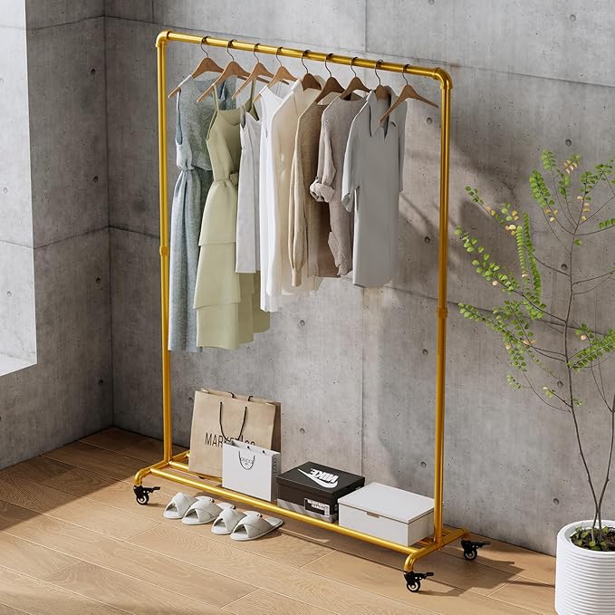 Gold pipe clothing rack with Bottom Shelf,rolling clothes rack heavy duty,garment racks for hanging clothes,Hanging Rack Closet Organizer for Bedroom,Retail (gold)