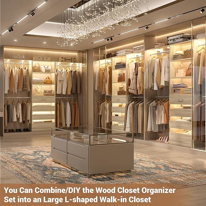 Aheaplus Closet System with 4 Drawers, 8FT Wood Closet Organizer System, Walk-in Closet Wardrobe with Tower, 4 Hang Rods, 2 Top Shelves, Built In Closet Insert System, Fits Spaces 4-9 ft, White Oak