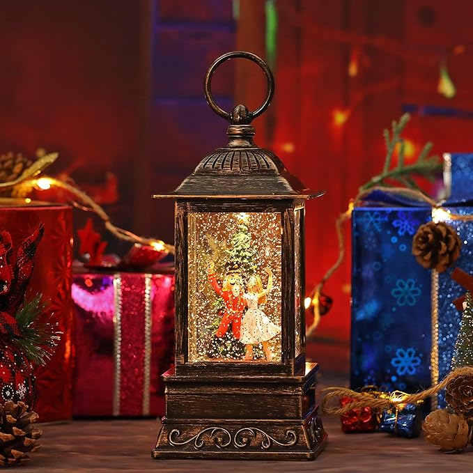 Christmas Snow Globe Decorations, Musical Glitter Nutcracker Lantern with 6H Timer, USB/Battery Powered Lighted Décor for Home, Tabletop, Gift Box