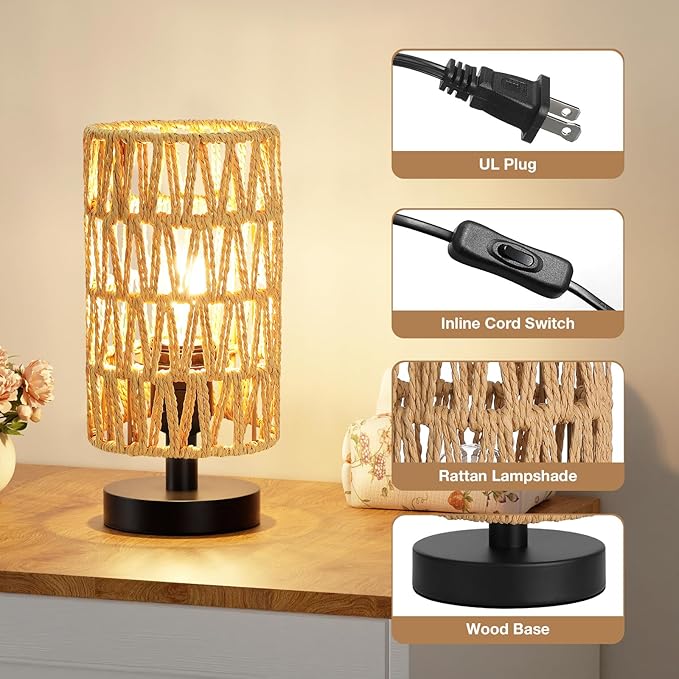 Fenmzee Small Table Lamp for Bedroom - Inline Control, Bedside Lamp with 3000K A15 LED Blub, Easy Assembly（Rattan Rope Shade-Black Base，9" Inline Control）
