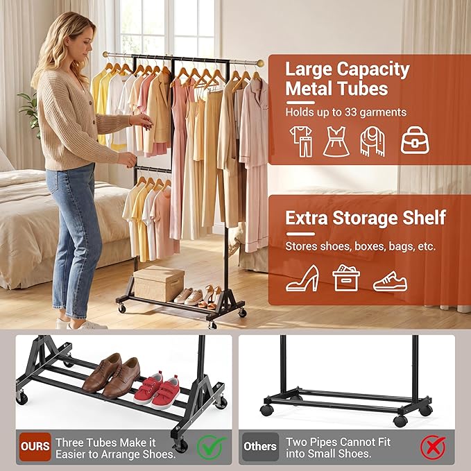 Rolling Clothing Rack with Bottom Storage Shelf & lockable Casters, Multi-tier Retractable Sturdy Garment Rack for Hanging Coats, Dresses - Ideal for Bedroom, Closet & Laundry Room ( Taller version )