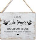 Wall Pediments Shoes Off Sign,Shoes Off Sign for Front Door,Since Little Fingers Touch Our Floor Door Sign,Shoes Off Hanging Welcome Sign for Front Door,6x12 Inches，Wood Grain-2