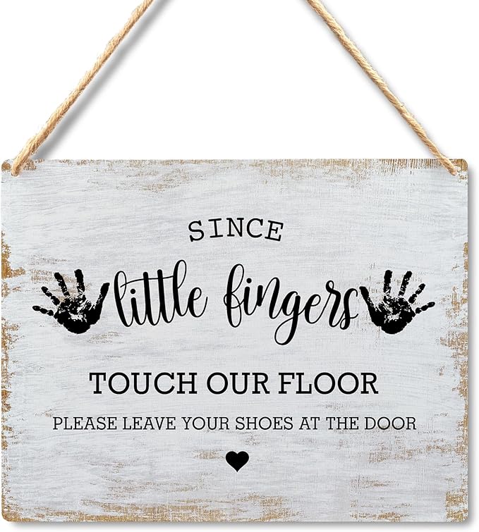 Wall Pediments Shoes Off Sign,Shoes Off Sign for Front Door,Since Little Fingers Touch Our Floor Door Sign,Shoes Off Hanging Welcome Sign for Front Door,6x12 Inches，Wood Grain-2