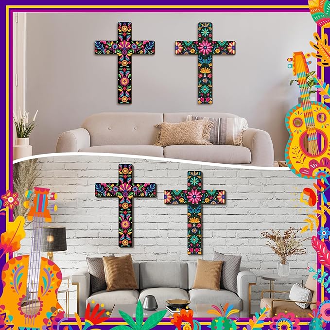 Pinkunn 2 Pcs Mexican Floral Cross Wall Decor Mexican Wall Art Hand Painted Decorative Inspirational Wooden Floral Cross Spanish Crucifix Decor for Home Room Church Decoration