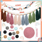 Hahafelt 4 Pcs Sage Green Boho Tassel Garland Wood Bead Tassel Garland Colorful Felt Rainbow Pom Pom Banner Nursery Room Holiday Decoration Retro Wall Hanging Bunting Banner for Home Bedroom Decor