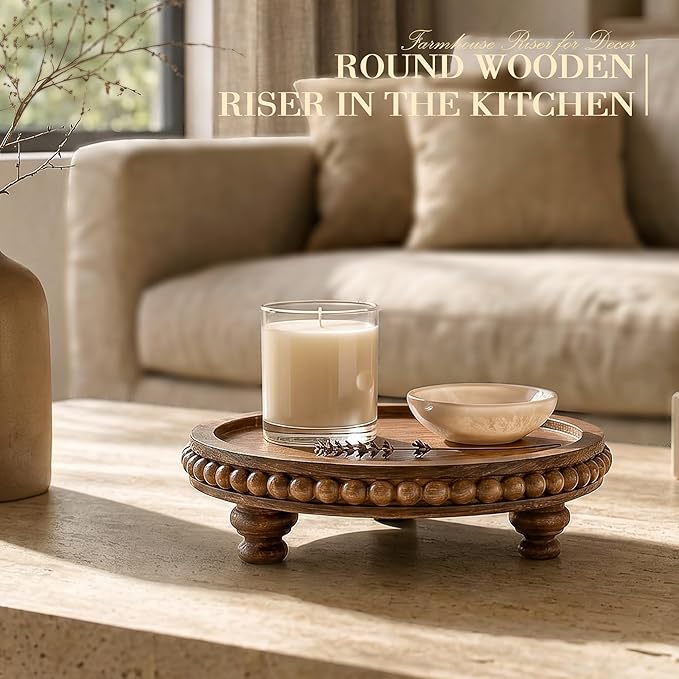 EOSAHR Pine Round Wood Riser for Room Decor - Beaded Pedestal Tray for Perfume Tray, and Bathroom Tray-Ideal Farmhouse Boho Kitchen Counter Decor for Apartment Essentials(Vintage Brown)