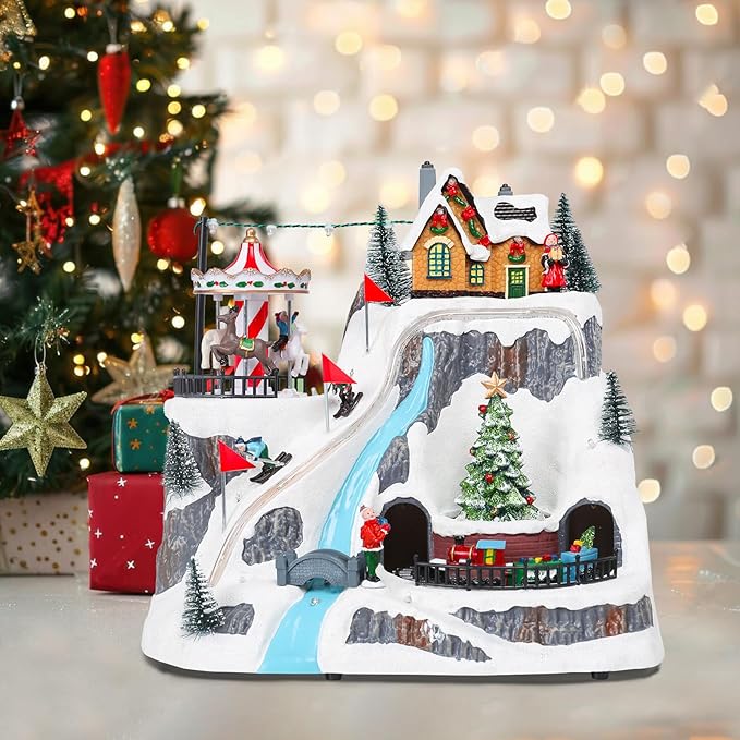 WONDER GARDEN Christmas Village Houses-Christmas Houses Village - Lighted Musical Ski Resort Collectible Buildings with Moving Train, Rotating Tree and Carousel for Indoor Decor or Gift