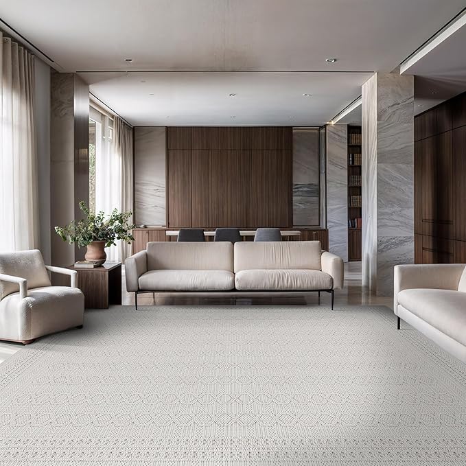 Micro Loop Indoor Rug White 9x12 Boho Geometric Neutral Area Rugs for Living Room Soft Luxury Modern Low and High Pile Durable Stain Resistant Non-Shedding Indoor Area Carpet 9 x 12