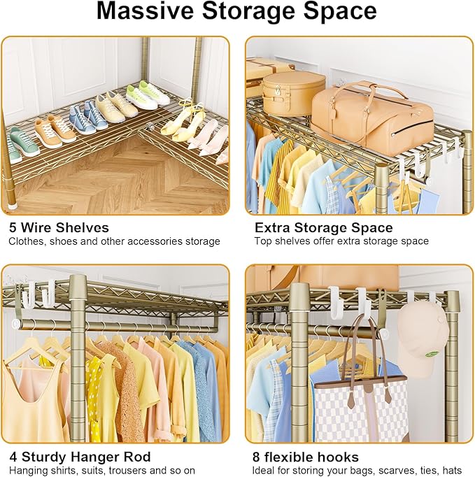 E15 Pro Garment Rack L Shaped Clothes Rack for Corner，Freestanding Clothing Racks for Hanging Clothes，Heavy Duty Closet System with 4 Hanging Rods & 8 S Hooks，48.8"W x 15.8"D x 78.4"H，Gold