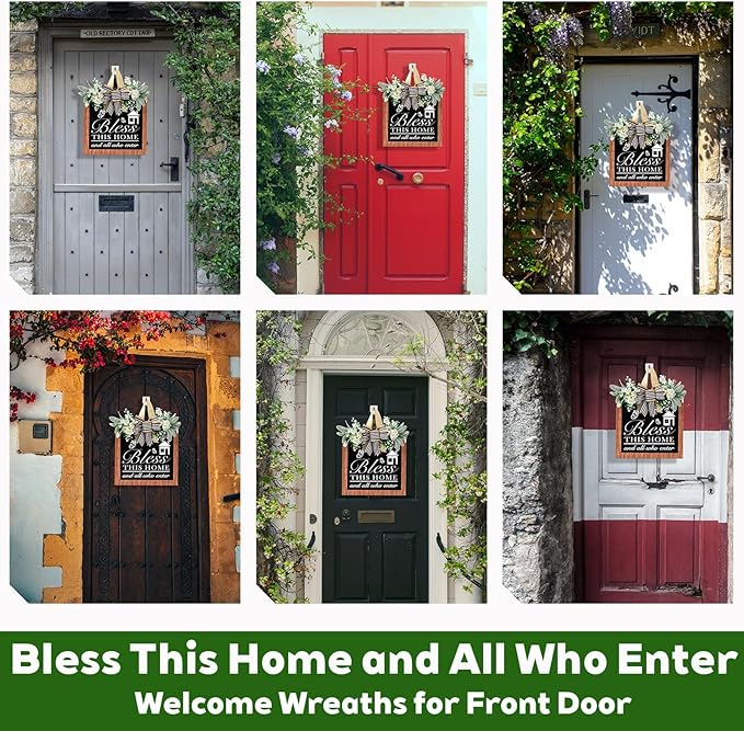 14'' Bless This Home and All Who Enter Wooden Door Sign - Welcome Wreaths for Front Door Rustic Bless This House Outdoor sign for Front Door, Housewarming Gift for Front Door Entryway Kitchen Garden and Porch All Seasons