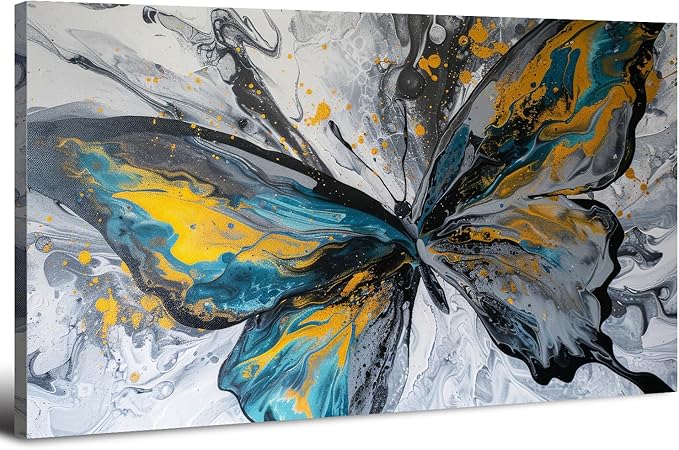 Abstract Butterfly Wall Art Teal Grey Yellow Butterfly Wall Decor Modern Marble Textured Canvas Poster Luxury Fluid Pictures Watercolor Neutral Artwork Living Room Bedroom Home Decoration 29.53x57.87"