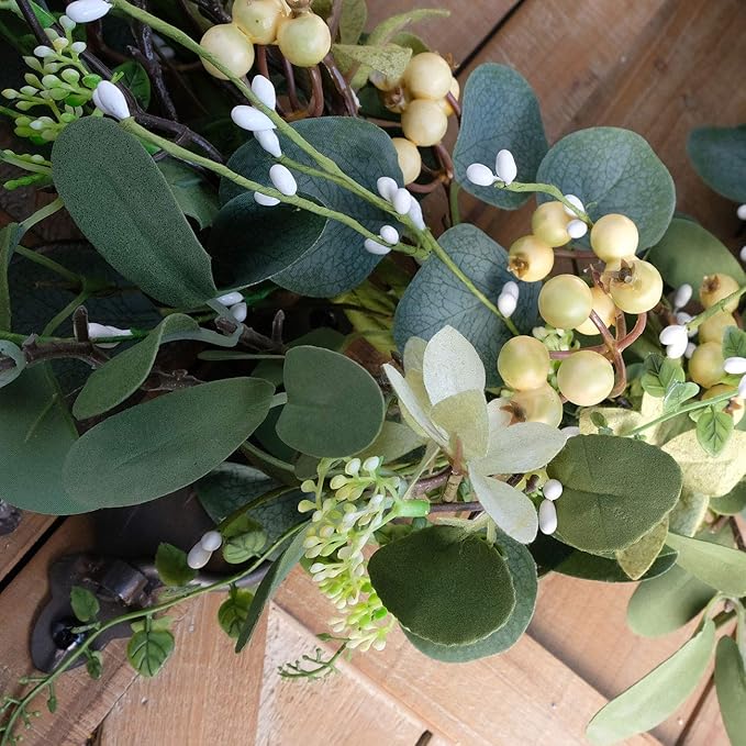 20Inch Artificial Eucalyptus Berry Wreath Green Leaf Eucalyptus Wreaths Spring Summer Wreath for Front Door Window Hanging Wall Party Decorations (20in)