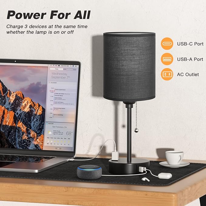 Dicoool Black Bedroom Lamp 3 Color Temperatures - Small Bedside Lamps with USB C and A Ports, Pull Chain Table Lamps with AC Outlet, Black Nightstand Light for Kids Sleeping