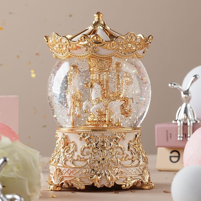 Carousel Musical Snow Globe Princess Unicorn Music Box for Girls Women Baby Kids Sister Daughter Mom Granddaughter Grandma Christmas Birthday Presents Gifts (Gold)