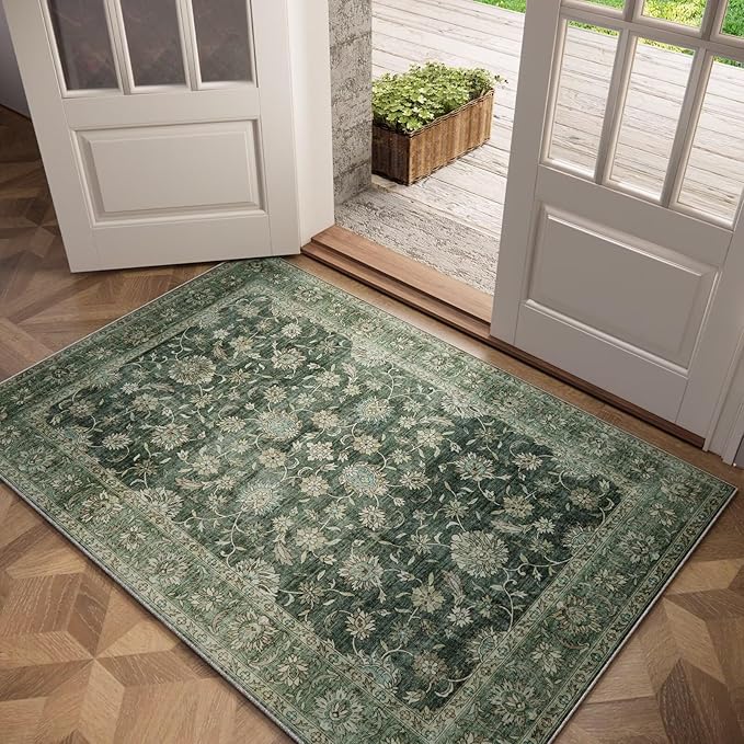 Washable 2x3 Entryway Rug, Boho Non-Slip Door Mat Vintage Distress Small Rugs for Kitchen Nursery Office Bedroom, 0.3" Neutral Oriental Throw Carpet with Cushioning Pad, Sage Green/Blue/Multi