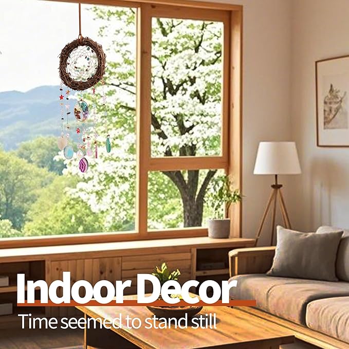 Handmade Natural Dream Catcher Hanging Home Decor at Livingroom Window and Garden, Unique Design with Rattan, Stones, Agate & Crystal - Ideal for Any Space & Gift Giving to Lovers Parents and Friends
