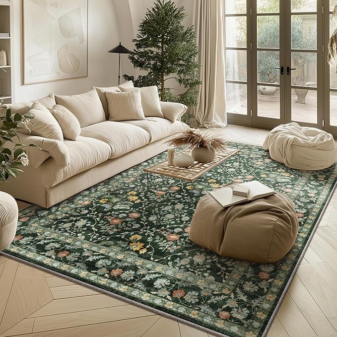 Vintage Botanical Dark Green Area Rug 5x7 Elegant Floral Pattern, Durable Stain-Resistant Fabric, Perfect for Living Room, Bedroom, Dining Room Decor