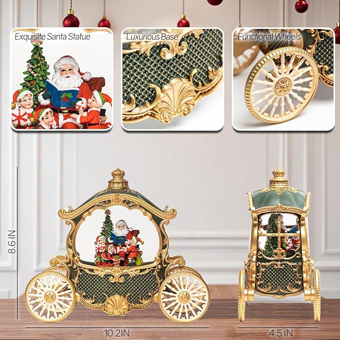 Christmas Green Carriage Snow Globe Lantern with Gift Box - Santa Scene Water Lantern with Glitter Snow - Musical Holiday Decor with LED Light - Battery Or USB Cable Powered Operated(Green with gold)