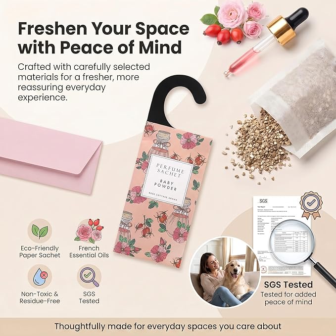ROSE COTTAGE Large 12 Packs Baby Powder Hanging Closet Air Freshener Scented Sachets Long Lasting Smell Goods
