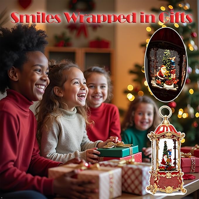 14" Christmas Snow Globe Lantern with Santa Claus - Swirling Glitter LED Light Musical Water Lantern with Rotatable Interior - Vintage Xmas Gifts - USB Plug or Battery Operated Home Decor (Palace Red)