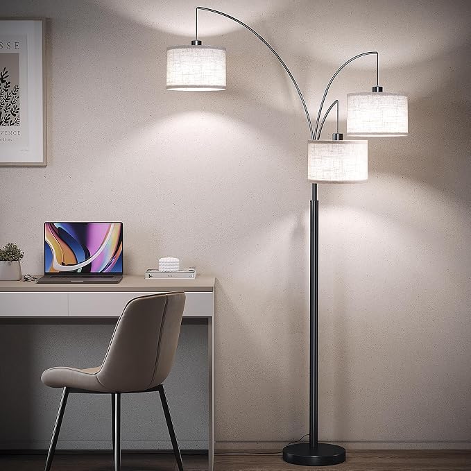 SUNMORY 3 Lights Floor Lamp with Remote Control and 3 Stepless Dimmable Bulbs, 78" Tall Standing Lamp with Hanging Drum Shade & Heavy Base, Modern Arc Floor Lamps for Living Room, Bedroom, Office