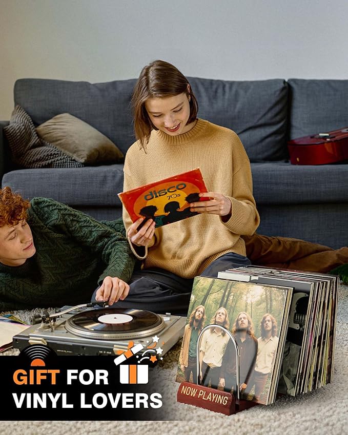Bulado Now Playing Vinyl Record Holder, Wooden Vinyl Record Storage with Front Display Groove, Album Storage Stand Organizer for 50 LPs, Easy to Assemble, Magazine Holder Rack for Gift