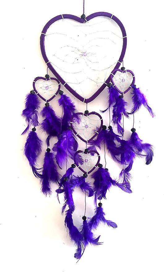 OMA Dream Catcher - Hand Made Purple Feather Dream Catcher Heart Shaped with Crystal Beads - 7" Diameter & 24" Long - OMA Federal (TM) Brand