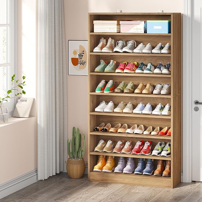 Tribesigns 2PCS Tall Shoe Cabinet, 9 Tiers 40-45 Pairs Heavy Duty Wood Freestanding Shoe Storage Cabinet, 70.8'' Tall Shoe Cabinet with Open Storage for Entryway (2, Light Brown)