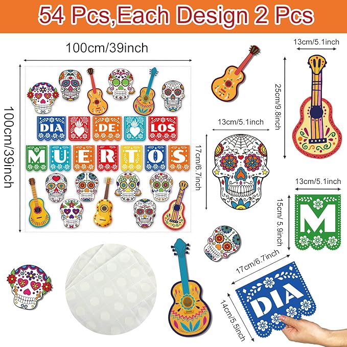 Day of The Dead Cutouts Sugar Skull Classroom Bulletin Board Decorations Colorful Skull Halloween Theme Party Supplies for Toddler Kids Students Classroom Decors