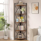 VECELO 5 Tier Corner Shelf Stand, 55.2" Tall Corner Bookshelf, Plant Stand, Rustic Brown Corner Storage Shelf for Living Room, Kitchen, Bedroom, Office