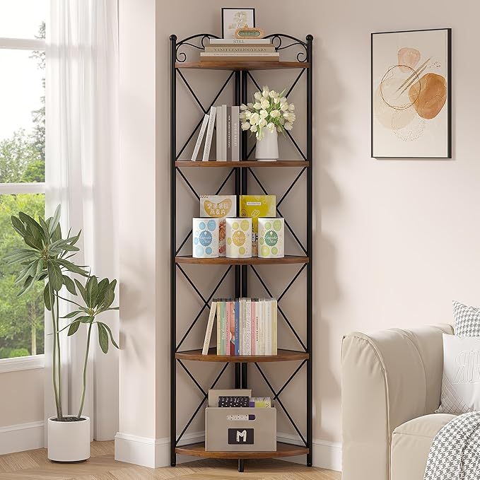 VECELO 5 Tier Corner Shelf Stand, 55.2" Tall Corner Bookshelf, Rustic Brown Storage Standing Shelf for Living Room, Plant Stand &Corner Bookcase for WallCorner, Living Room, Kitchen, Bedroom, Office