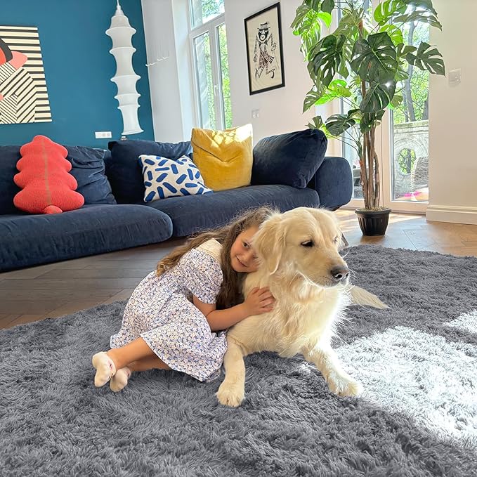 OLANLY 8x8 Machine Washable Large Area Rugs for Living Room, Bedroom, Soft Fluffy Shaggy Bedside Rug, Indoor Floor Carpet for Kids Girls and Boys, Dorms, Nursery, Home Decor Aesthetic, Light Grey