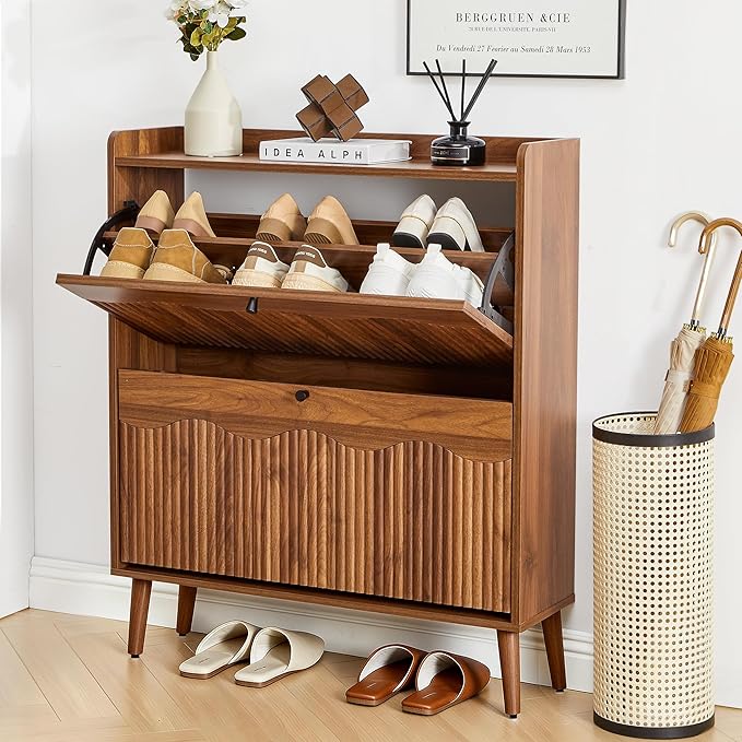 BERRYMERRY 31.5” Fluted Shoe Storage Cabinet with 2 Flip Drawers,Freestanding Narrow Shoe Organizer Cabinet with Wave Profile for Entryway,Hallway,Living Room