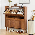 BERRYMERRY 31.5” Fluted Shoe Storage Cabinet with 2 Flip Drawers,Narrow Shoe Storage Organizer Rack with Wave Door for Entryway,Hallway,Living Room