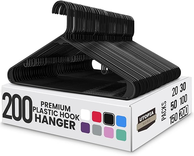 Utopia Home Plastic Hangers 200 Pack - Space Saving Clothes Hanger - Durable & Strong Closet Organizers and Storage with Built-in Strap Hooks - Essential for Shirts, Pants, Skirts & Coats (Black)