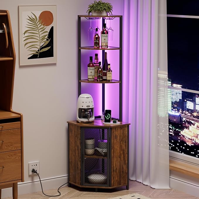 VECELO 6 Tier Corner Shelf with LED Light and Charging Station, 63” Tall Standing Cabinet Organizer, Narrow Bookshelf with Storage Rack for Living Room, Bedroom, Kitchen, Balcony, Small Space
