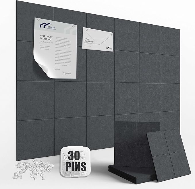 Large Felt Cork Board Alternative - 36" x 24" Bulletin Board with 30 Pushpins, 6 Pack Adhesive Cork Board, Sound Absorbing Fabric Wall Tiles, for Office Home Music Class, Dark Gray