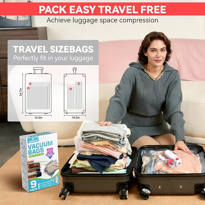 Travel Vacuum Bags with USB and TYPE C Pump Pump,9 Pack Vacuum Storage Bags,vacuum for bags storage, Powerful -58KPa Suction for Luggage,Travel and Home Use for Clothes and Blankets（Red）