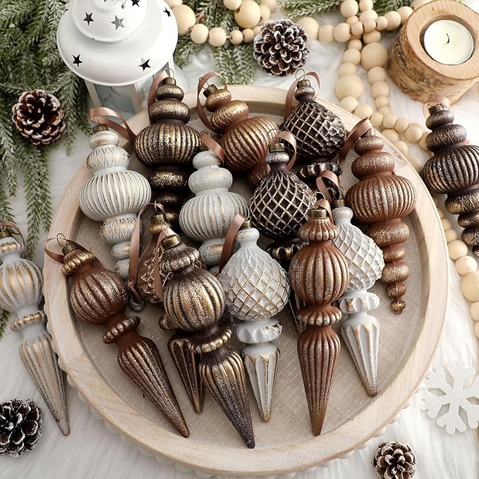Yunlly 9 Pcs Neutral Christmas Ornaments Textured Christmas Tree Decor with Hanging Loop Modern Brown Hanging Finial Ornaments Shatterproof Home Decor for Xmas Vintage Rustic Farmhouse (Classic Color)