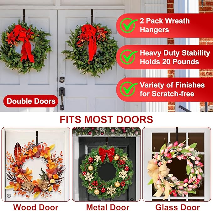 2-Pack Wreath Hooks for Front Door, 12.5-20" Extendable Heavy Duty Metal Over The Door Hooks (22 lbs) for Spring Decor & Coats, Slim Damage-Free Hanger for Tall & Screen Doors, Brushed Nickel