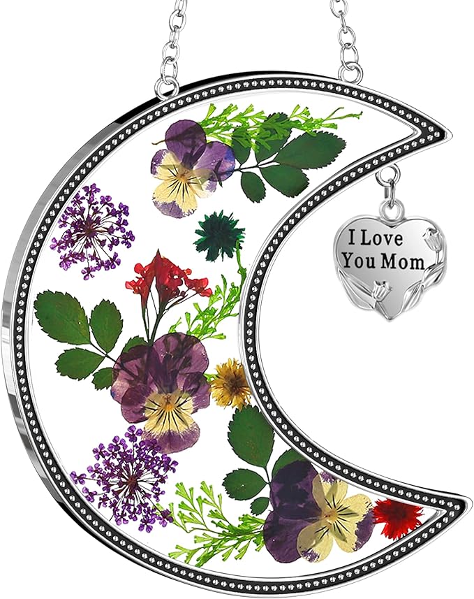 KY&BOSAM Moon Suncatcher Mom Gifts Stained Glass for Window Hangings Wind Chimes Decor with Pressed Real Flower and Metal I Love You Mom Heart Charm Birthday Gift for Women Mother`s Day Christmas