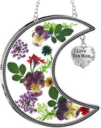 KY&BOSAM Moon Suncatcher Mom Gifts Stained Glass for Window Hangings Wind Chimes Decor with Pressed Real Flower and Metal I Love You Mom Heart Charm Birthday Gift for Women Mother`s Day Christmas