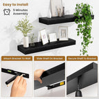 Fun Memories Floating Shelves Set of 2, 24 Inch Floating Shelves for Wall, Wood Wall Shelves with Invisible Brackets, for Bathroom, Bedroom, Living Room, Kitchen, Black