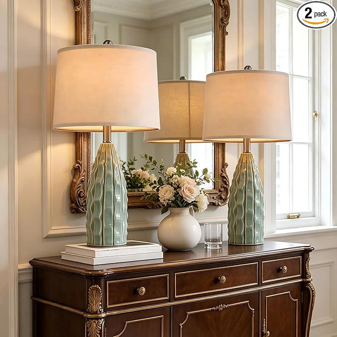 USumkky Ceramic Table Lamps Set of 2, 23.75" Modern Farmhouse Bedside Lamp - Green Nightstand Lamps for Bedroom, Boho Living Room End Tables, Small Office Desk Lamp Decor