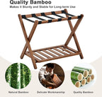 Fully Assembled Luggage Rack, Walnut Luggage Rack for Guest Room, Bamboo Folding Suitcase Stand with Storage Shelf, 5 Nylon Straps, Heavy Duty Luggage Holder for Bedroom Hotel, 1 Pack