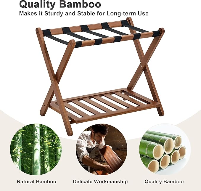 Fully Assembled Luggage Rack, Walnut Luggage Rack for Guest Room, Bamboo Folding Suitcase Stand with Storage Shelf, 5 Nylon Straps, Heavy Duty Luggage Holder for Bedroom Hotel, 1 Pack
