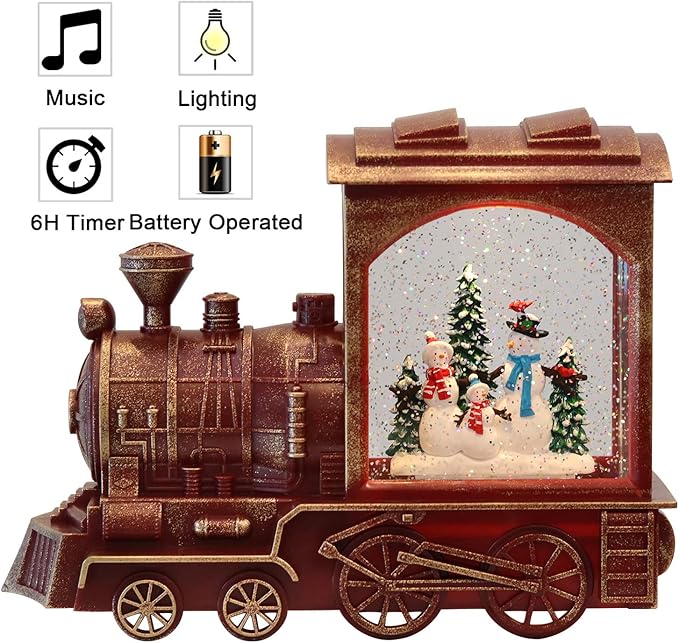 Musical Christmas Snow Globe Lantern Battery Operated with 6 Hour Timer Spinning Water Red Train Singing Lighted Snow Globe Lamp Holiday Decoration Gift(Snowman, 10.6 x 4.3 x 8.3 Inches)
